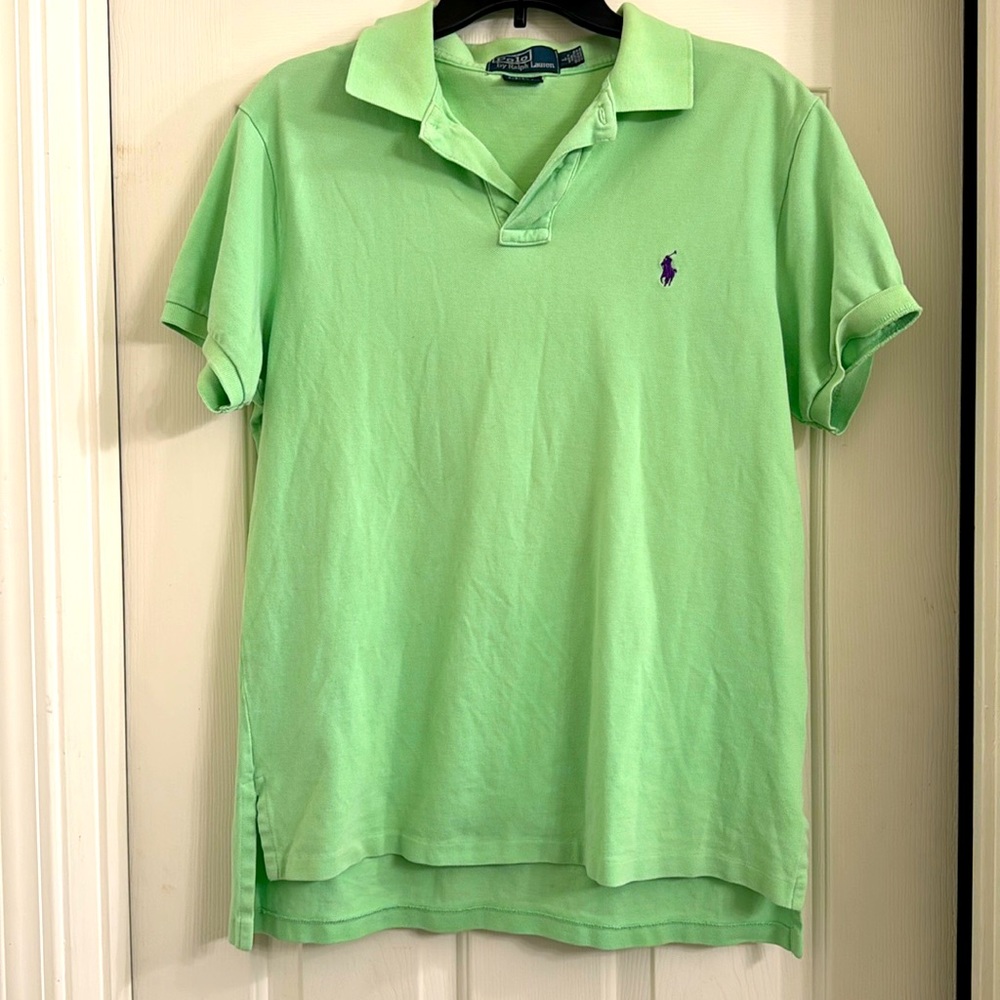 Mens lime green custom fit size large polo. Slightly faded at collar.